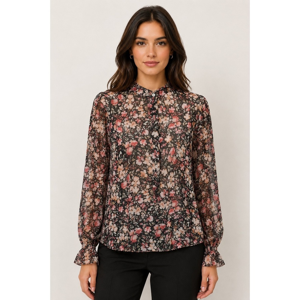 Marella Sheer Floral Button Down Shirt Tunic Long Sleeve Blouse Size 10 Boho